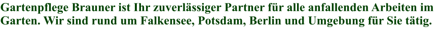 Gartenpflege Brauner ist Ihr zuverl�ssiger Partner f�r alle anfallenden Arbeiten im Garten. Wir sind rund um Falkensee, Potsdam, Berlin und Umgebung f�r Sie t�tig.